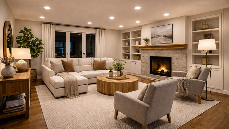 A cozy living room with layered downlighting and lamps