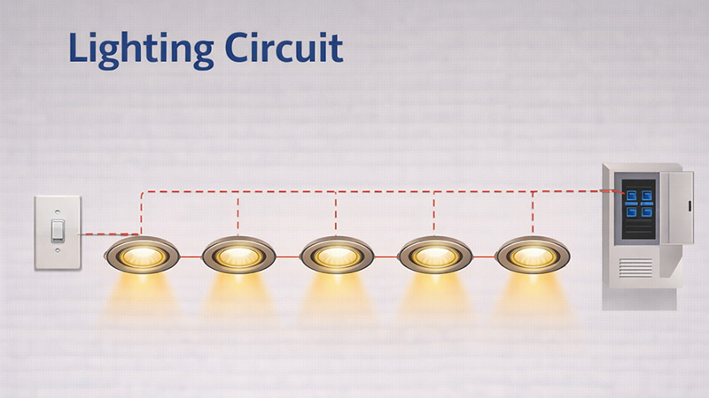 A diagram of a lighting circuit with multiple downlights