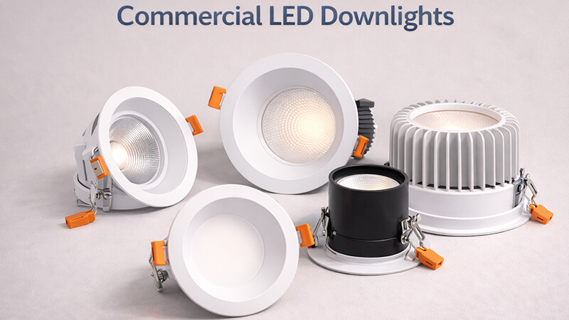 Specifying Commercial LED Downlights A collection of different commercial LED downlights showing various sizes and styles
