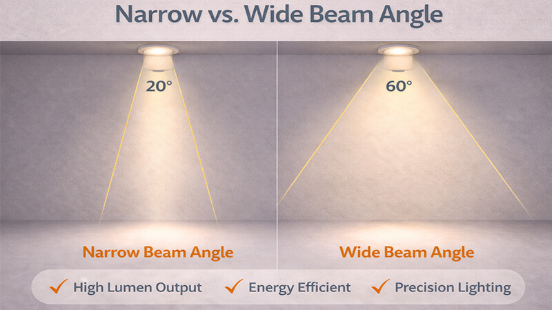 LED Downlight Beam Angle Explained diagram showing narrow vs wide beam angle for led downlights