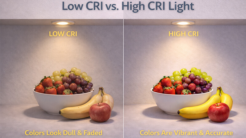 High CRI vs Low CRI in Downlights comparison of fruit under low CRI vs high CRI light
