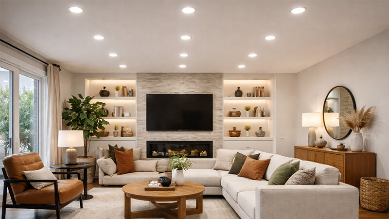 A well-lit modern living room with multiple downlights showing even coverage.
