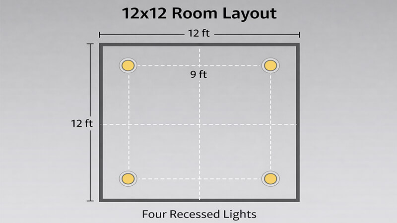A layout diagram for a 12x12 room showing the placement of four recessed lights.