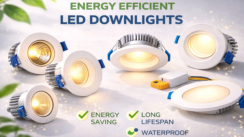 A collection of energy-efficient LED downlights on a clean background