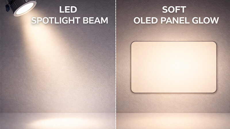 Side-by-side comparison of an LED spotlight beam and a soft OLED panel glow
