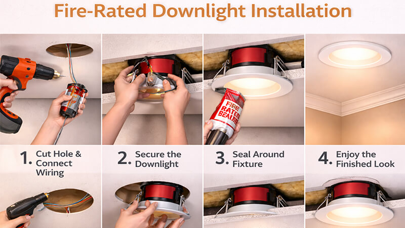 A close-up of a fire-rated downlight installed in a ceiling, showing its clean and modern look.