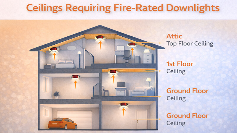 A diagram showing the different floors of a building with arrows pointing to ceilings that require fire-rated downlights.