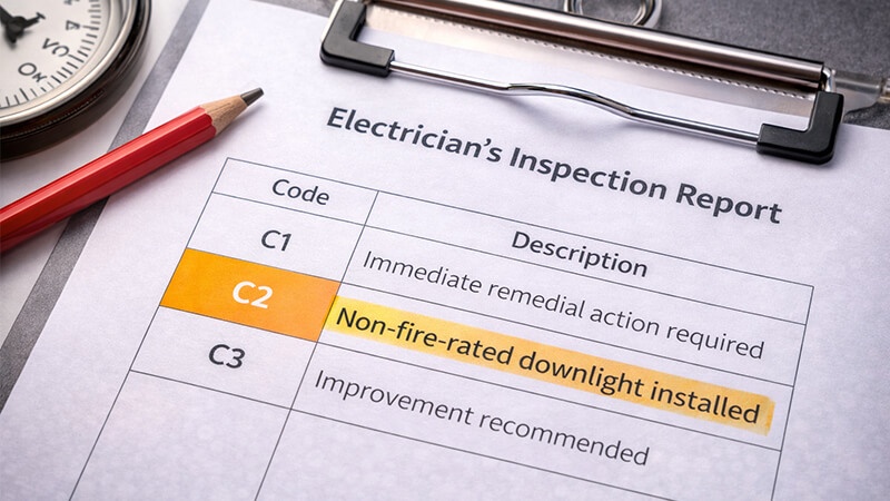 An electrician's inspection report with a C2 code highlighted next to a description of a non-fire-rated downlight.