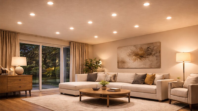 An attractive living room with warm white LED downlights
