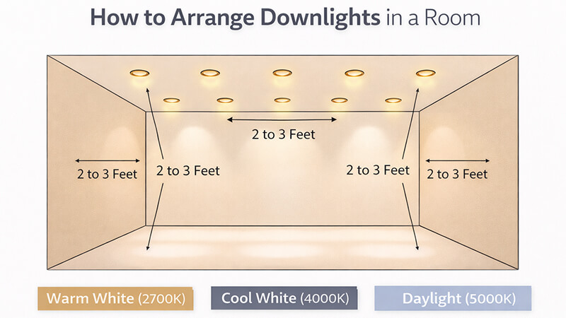 Diagram showing how to arrange downlights in a room