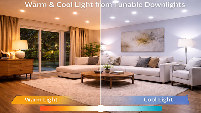 a living room showing warm and cool light from tunable downlights
