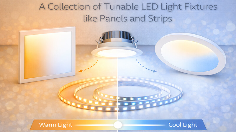 a collection of different tunable LED light fixtures like panels and strips