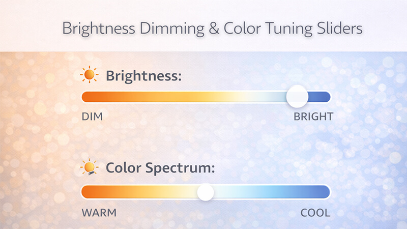 a graphic showing a brightness slider for dimming and a color spectrum slider for tuning