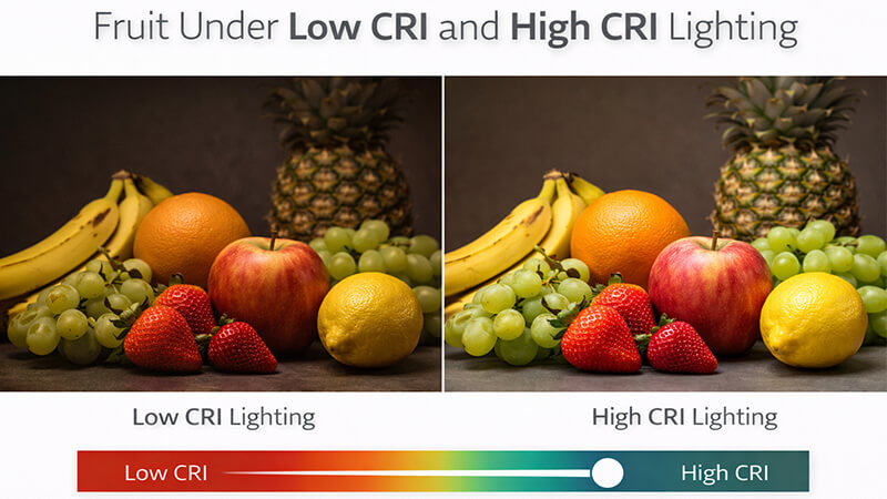 A comparison of fruit under low CRI and high CRI lighting