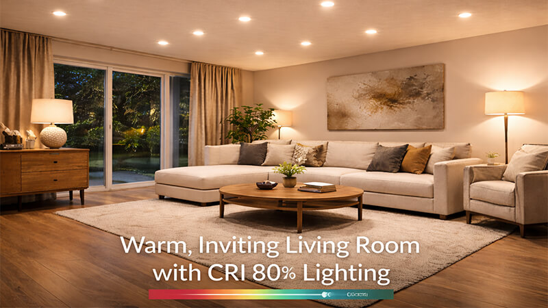 A living room illuminated with CRI 80+ lighting, looking warm and inviting
