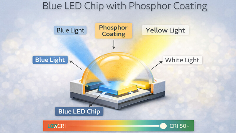 A diagram showing a blue LED chip with a phosphor coating