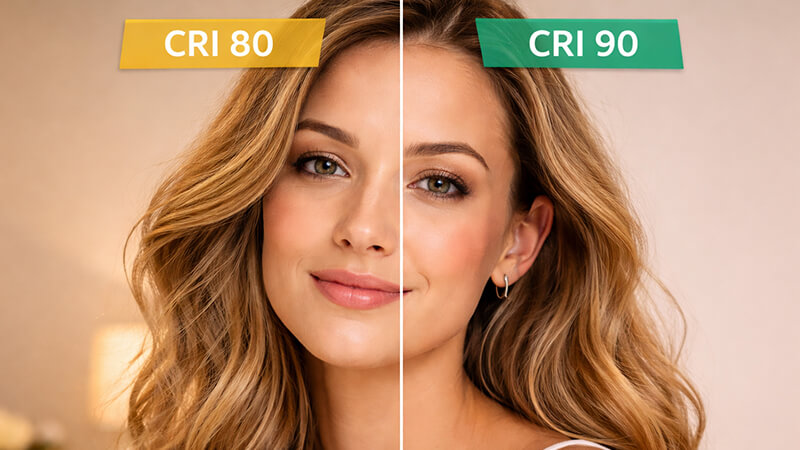 A split-screen image showing a face under CRI 80 and CRI 90 light
