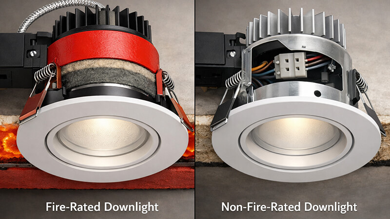 A close-up view of a fire-rated downlight next to a non-fire-rated one, highlighting the construction differences.