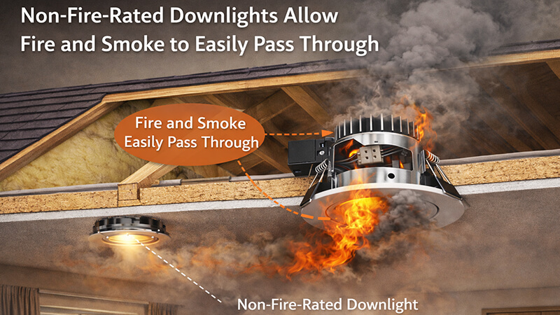 An infographic showing how fire and smoke can easily pass through a non-fire-rated downlight.
