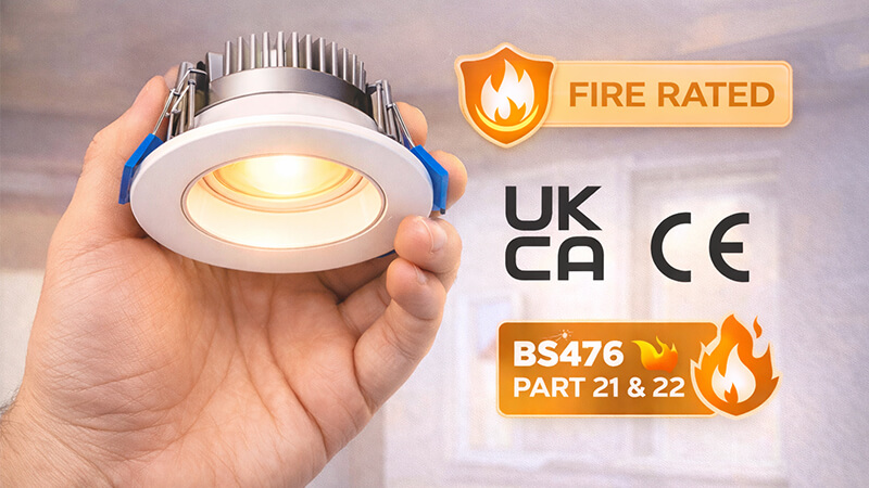 A hand holding a fire rated downlight with certification marks