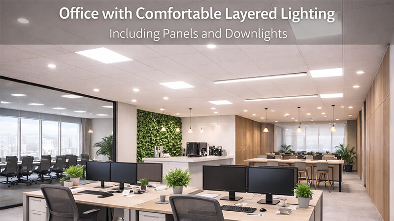 An office with comfortable layered lighting including panels and downlights