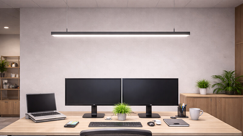 A well-lit office desk with a suspended linear light above it