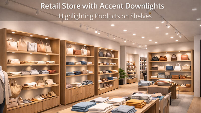 A retail store with accent downlights highlighting products on shelves