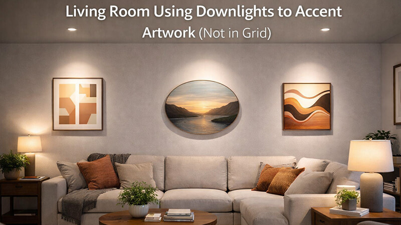 A well-designed living room using downlights to accent artwork, not in a grid